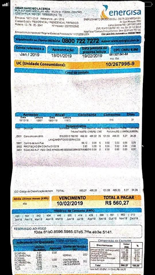 Energia Elétrica R$ 560,27: Energisa cobra preços absurdos em Costa Rica